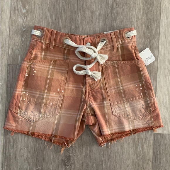 FREE PEOPLE Moxie Barrel Denim Shorts Rust Plaid NWT We The Free - Picture 4 of 13